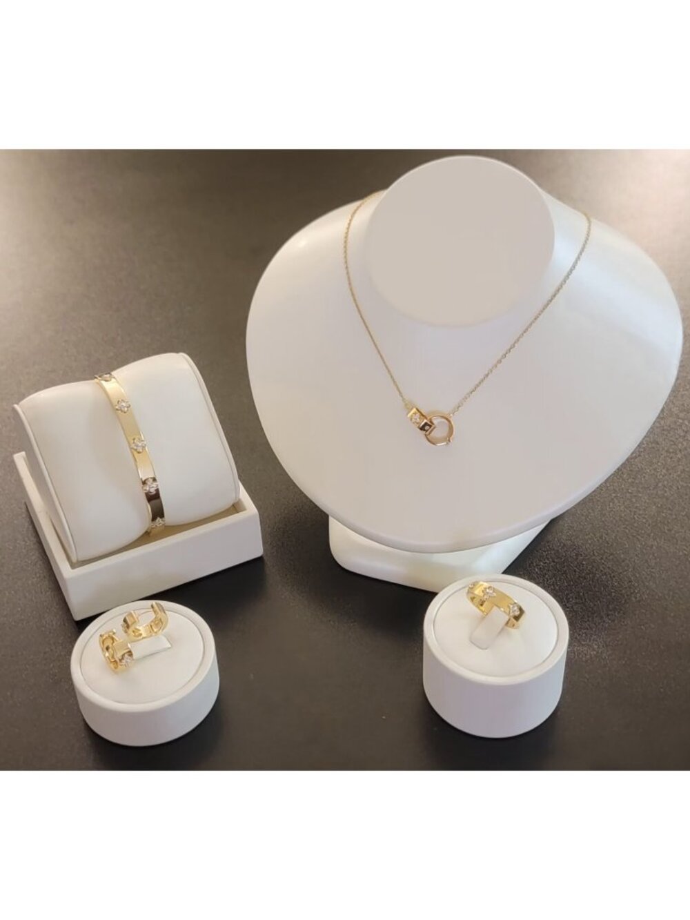 14K Gold Plated Clover Moissanite Jewelry Set Ring Cuff Earrings Necklace NWT